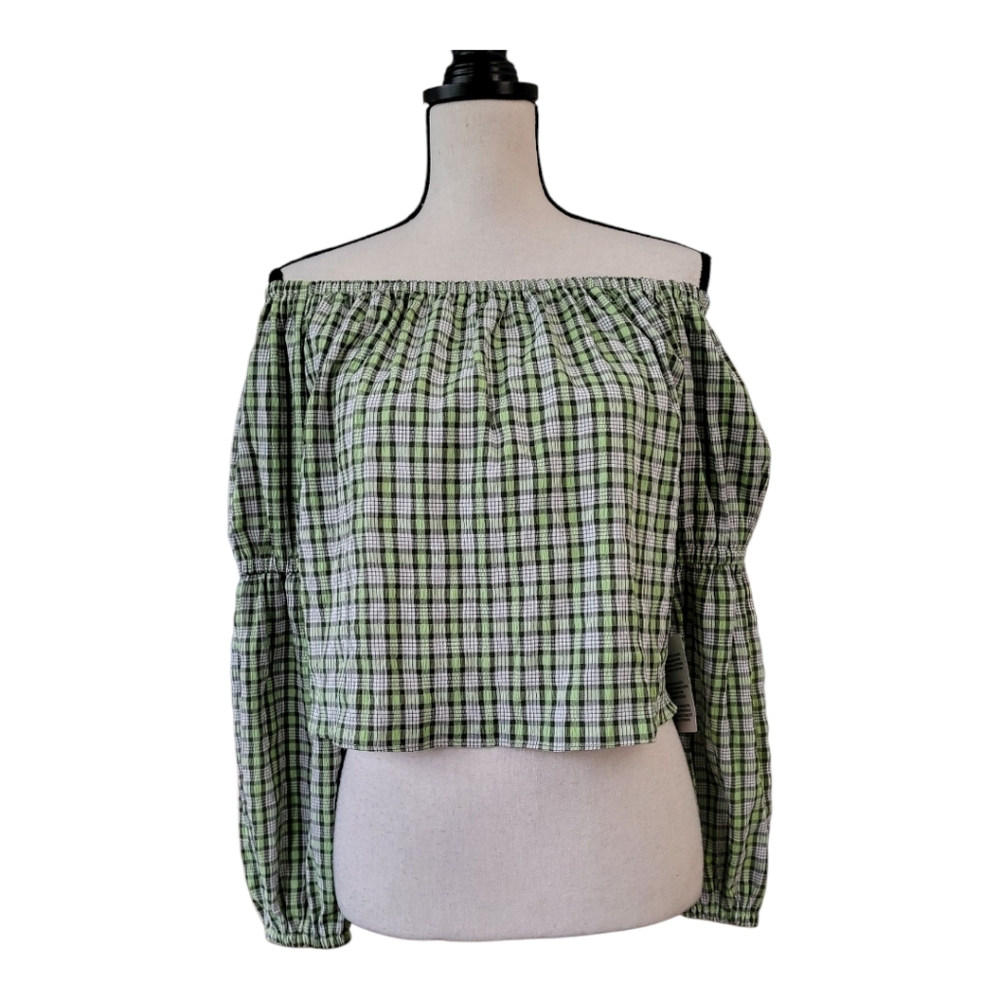 💕Top Shop Green Plaid Off-Shoulder Women's Top Size 4 New